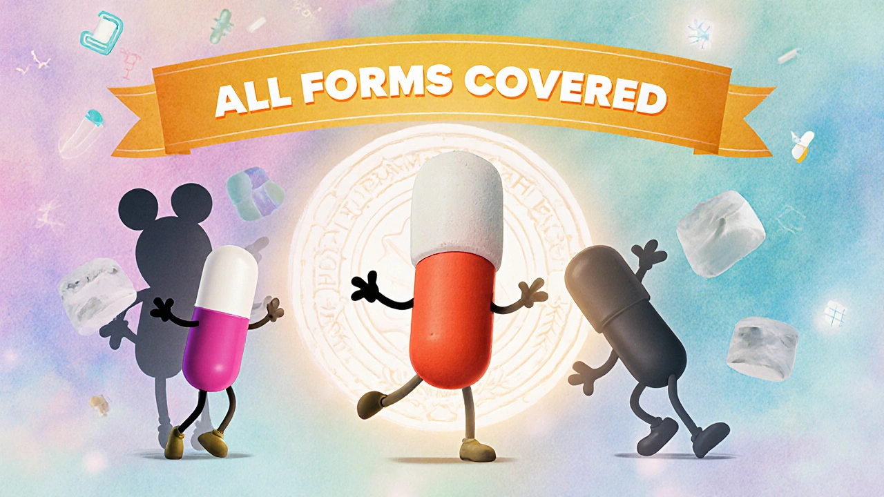 A medicine tablet transforms into three forms protected by a six-month force field from generic versions.