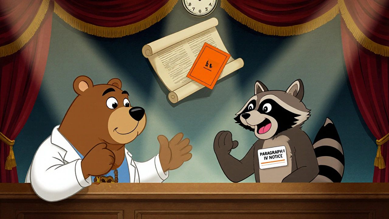 A noble bear and clever raccoon face off in court over a patent, with the Orange Book floating above them in animated style.