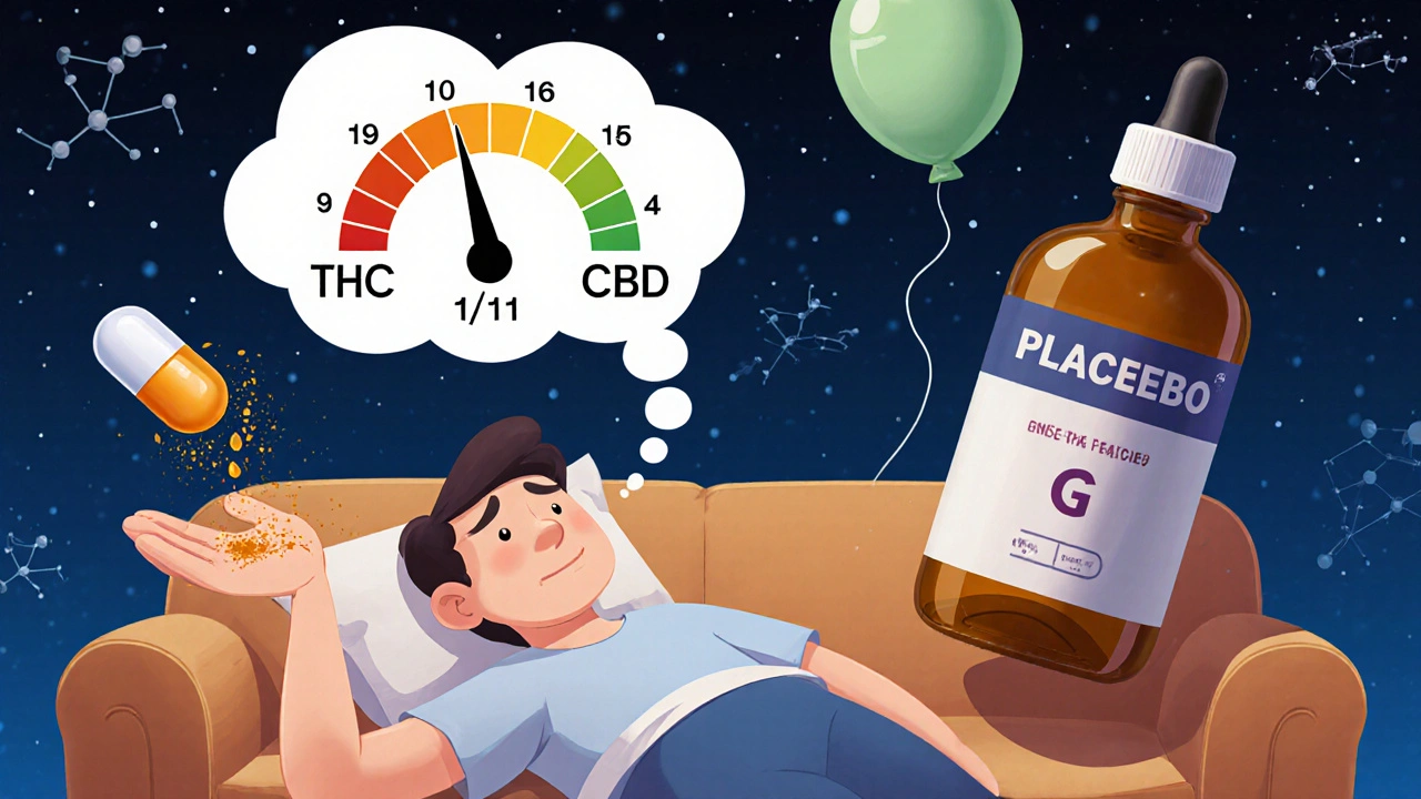 A patient&#039;s pain level drops as a balanced THC:CBD tincture drips, while opioids crumble and CBD deflates
