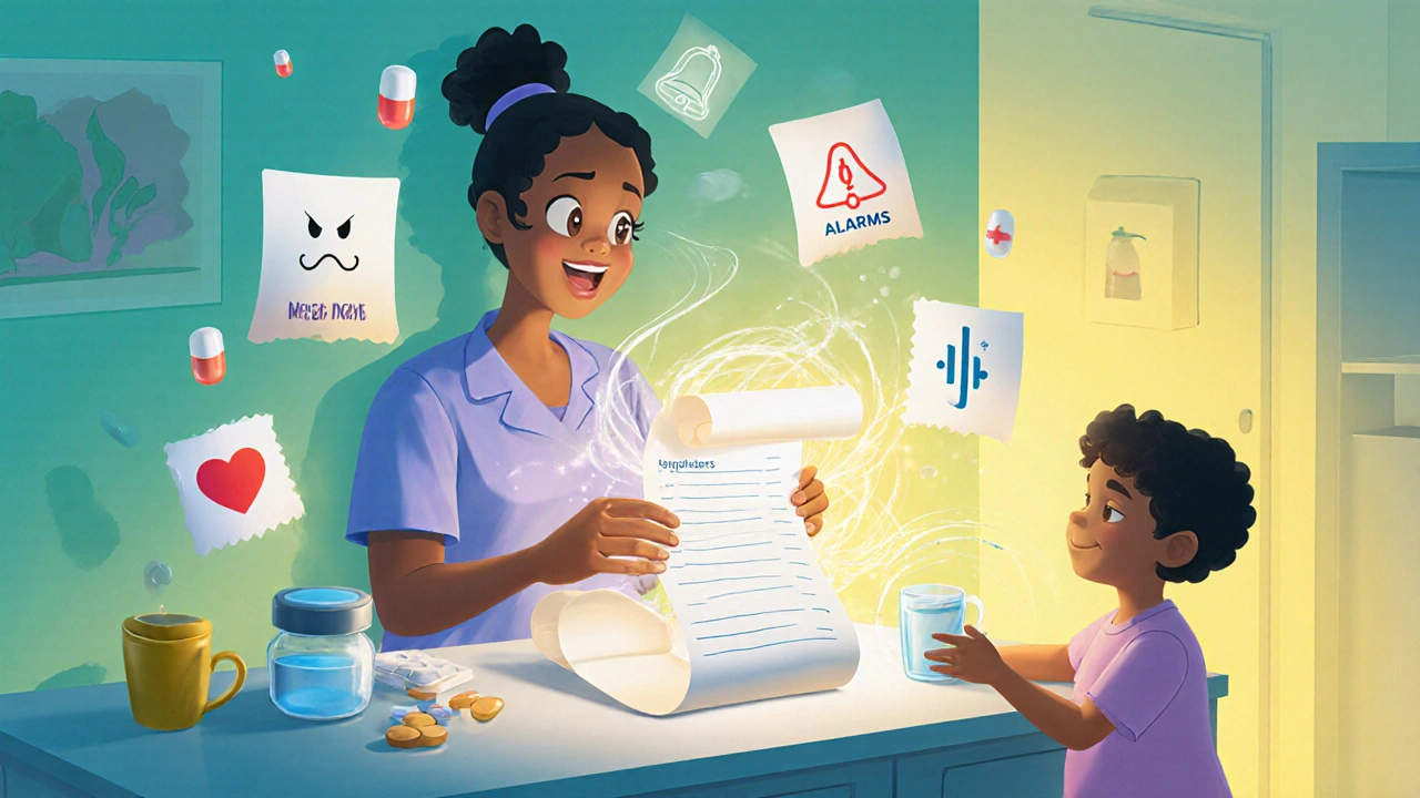 A patient watches as a paper medication list transforms into a smart pillbox with floating health icons.