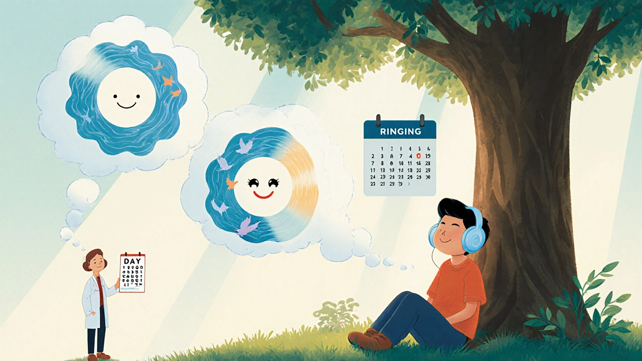 A person relaxed under a tree with white noise sounds calming their tinnitus, shown as fading rings turning into smiles.