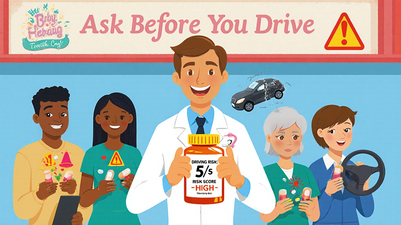 A pharmacist shows a high-risk medication label while patients hold pills that turn into miniature car crashes.