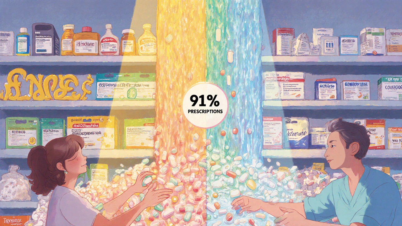 A pharmacy shelf splits between expensive branded pills and affordable generics, with patients happily choosing the lower-cost option.