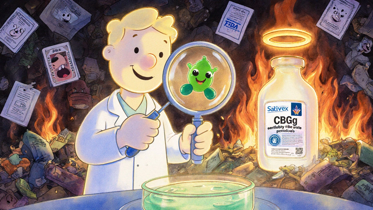 A scientist examines a glowing CBG molecule while fake CBD products burn in the background