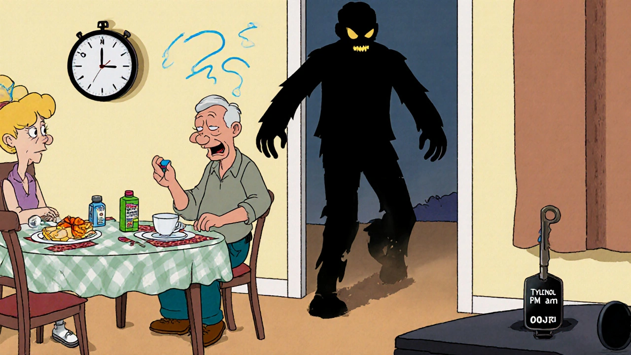 An elderly man&#039;s shadow transforms into a sleepy figure as he prepares to drive after taking nighttime medication.