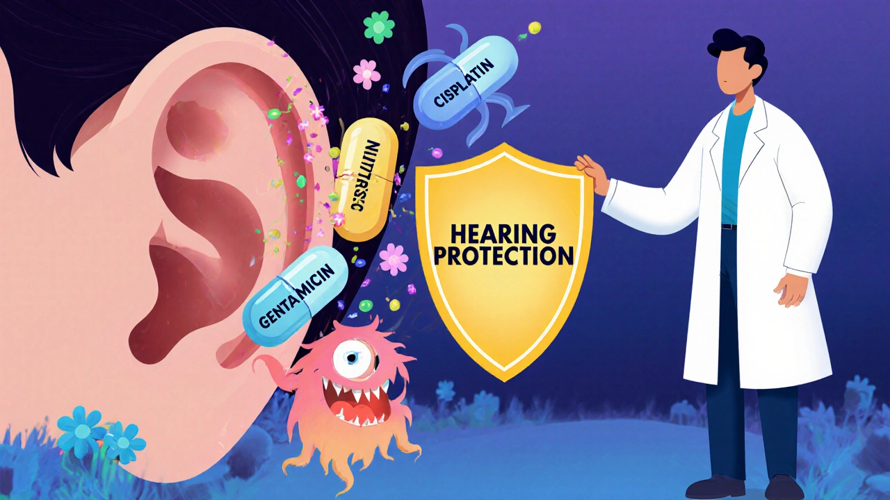 Cartoon inner ear with hair cells being attacked by pill monsters, while a doctor holds up a hearing protection shield.