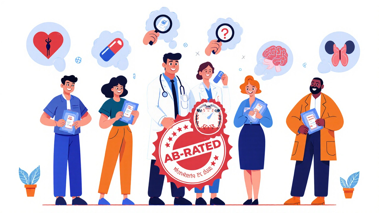 Diverse people with medications and thought bubbles showing FDA AB-rated approval icons.