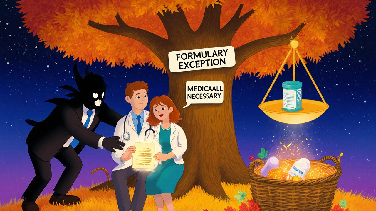 Doctor and patient holding a medical exception letter while a shadowy PBM tries to push a cheaper drug onto a balance scale.