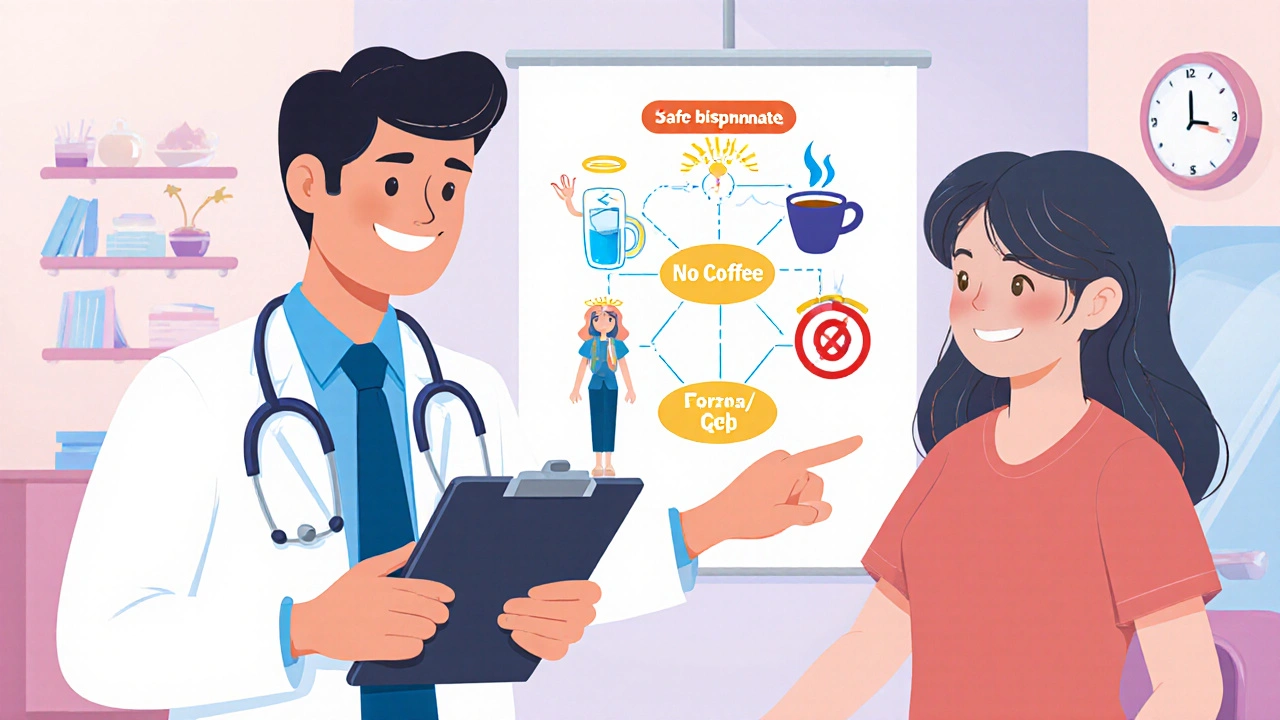 Doctor explaining safe bisphosphonate use with colorful visual flowchart in a clinic.