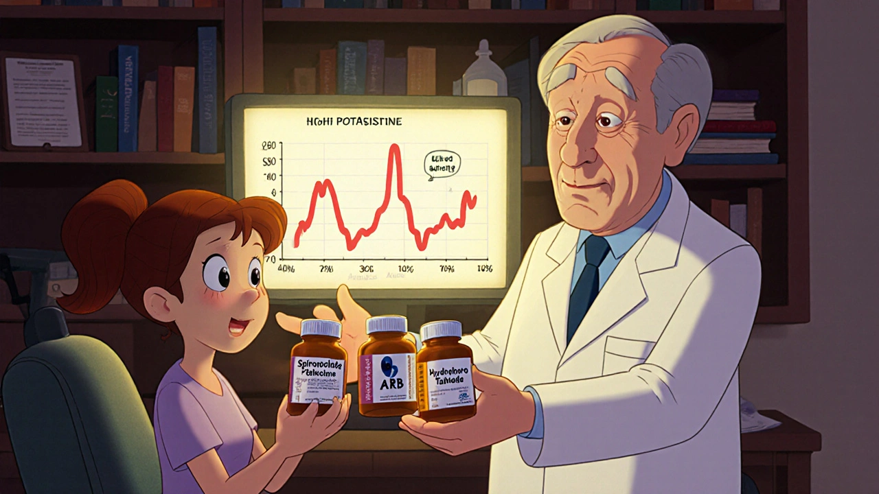 Doctor replacing dangerous drug combo with safer alternatives in a cozy clinic.