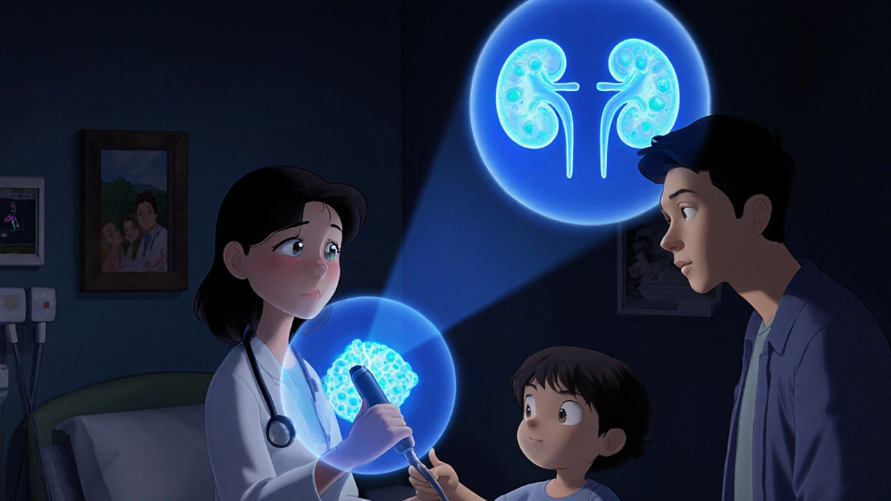 Doctor using ultrasound to reveal kidney cysts, with a parent and child watching in a warm room.