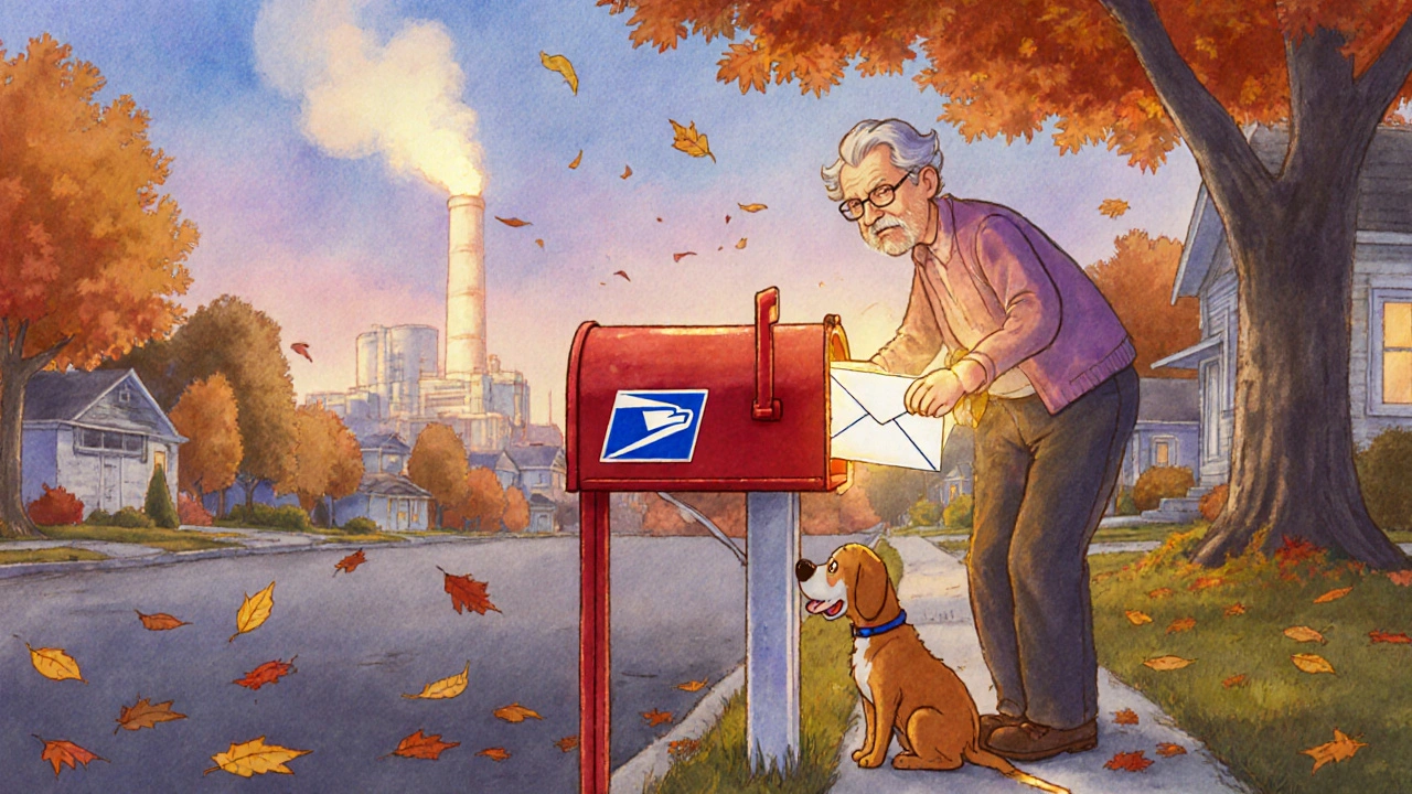 Elderly person dropping a sealed medication envelope into a USPS mailbox with their dog.