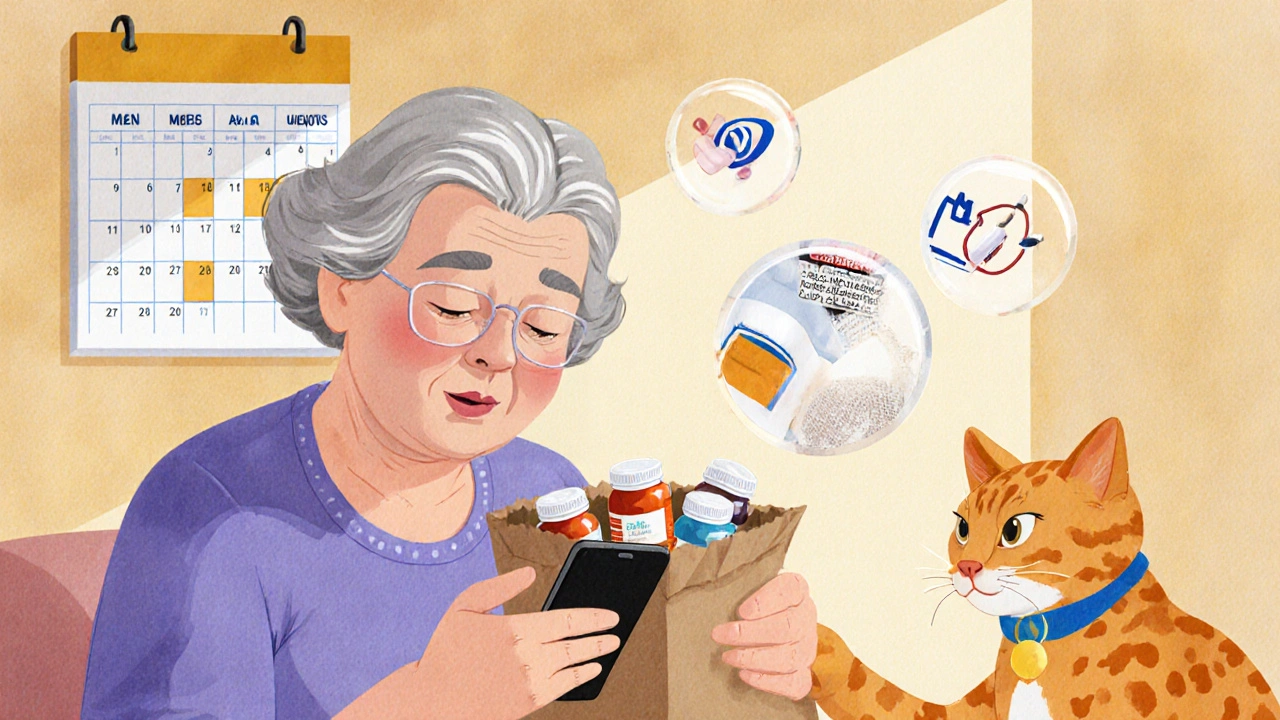 Elderly woman setting phone alarms for meds while holding a brown bag of pills.