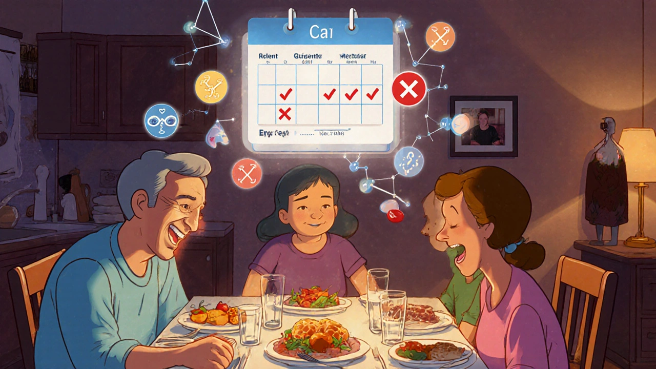 Family sharing a joyful dinner while medical progress glows above them like stars.