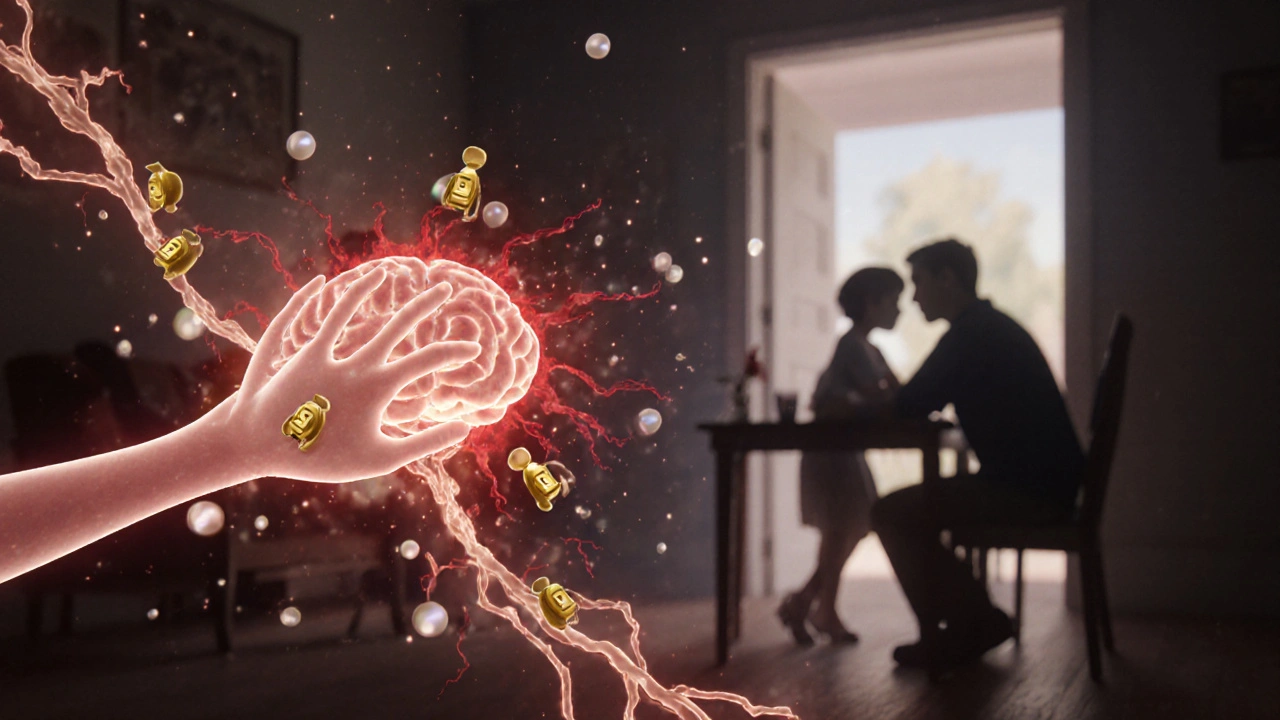 Glowing neural pathways calmed by golden riluzole molecules reducing chaotic red signals.