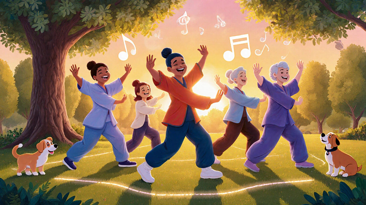 Group of people practicing Tai Chi in a park with glowing movement cues and golden sunlight.