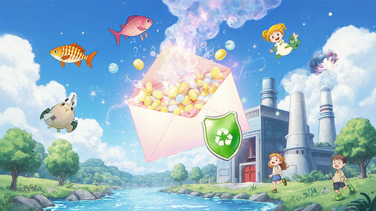 Magical envelope transforming meds into light as it travels to a clean incineration facility.