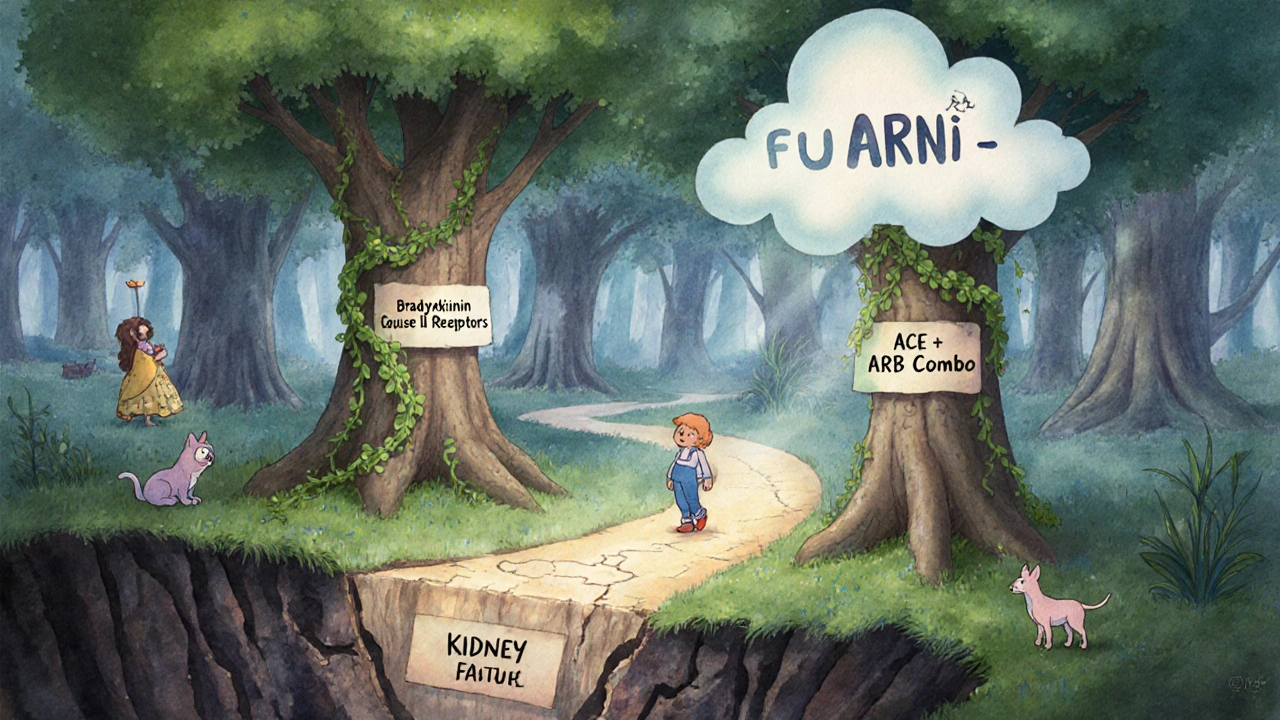 Magical forest showing safe future path versus collapsing dangerous drug combo road.
