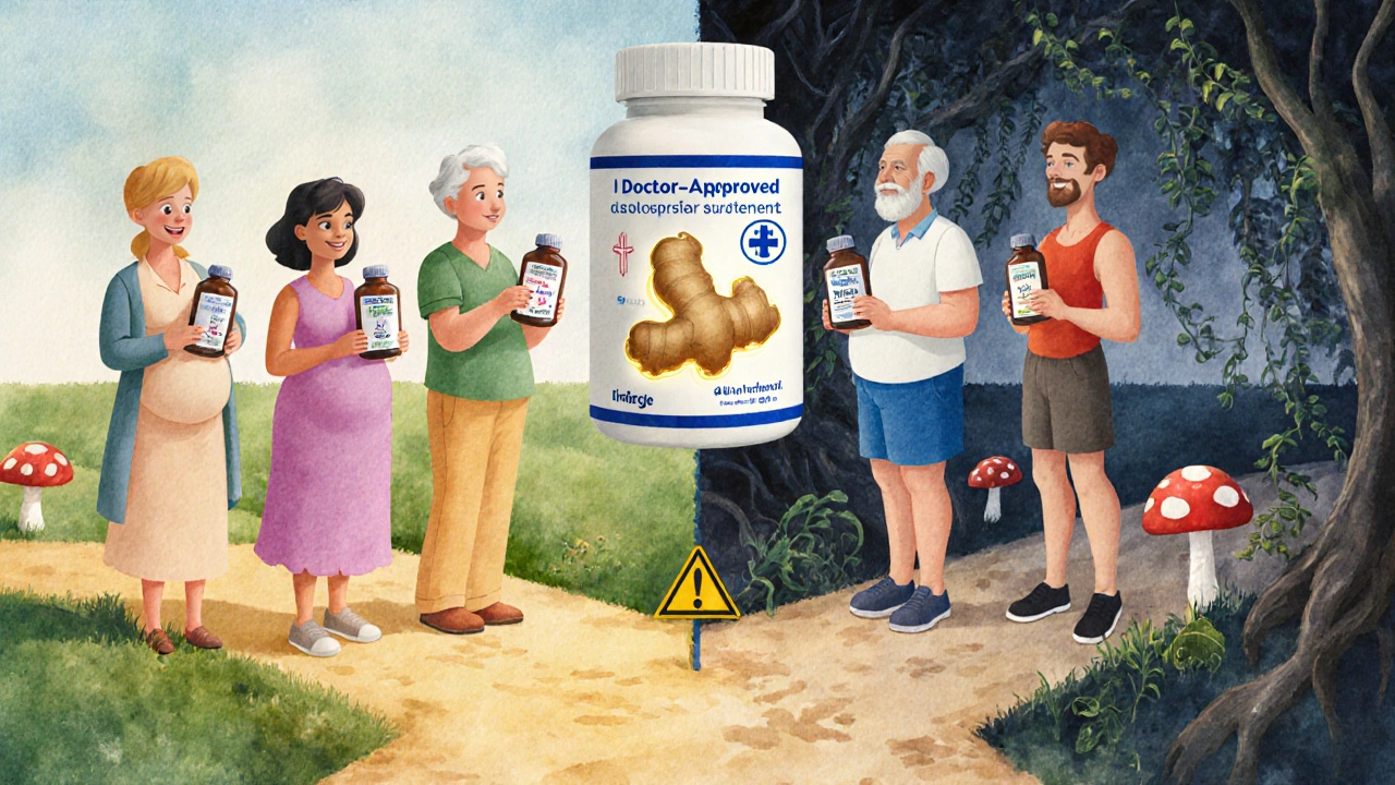 People at a crossroads choosing between safe ginger and dangerous unknown herbs in whimsical Disney style.