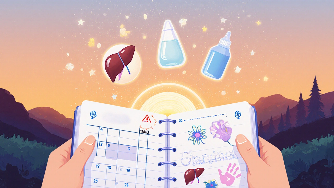 Riluzole medications floating as charms beside a journal with family drawings and a liver warning.