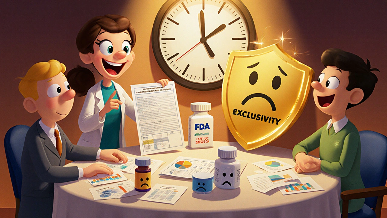 Scientist presents pediatric study to a friendly FDA panel as a golden shield blocks generic drugs.