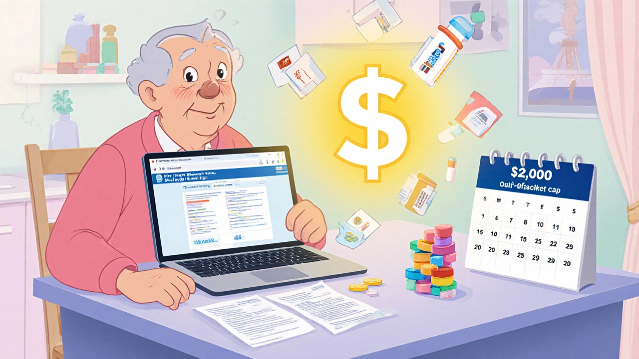 Senior at kitchen table reviewing Medicare plan details with floating dollar sign and pill icons symbolizing the ,000 cap.