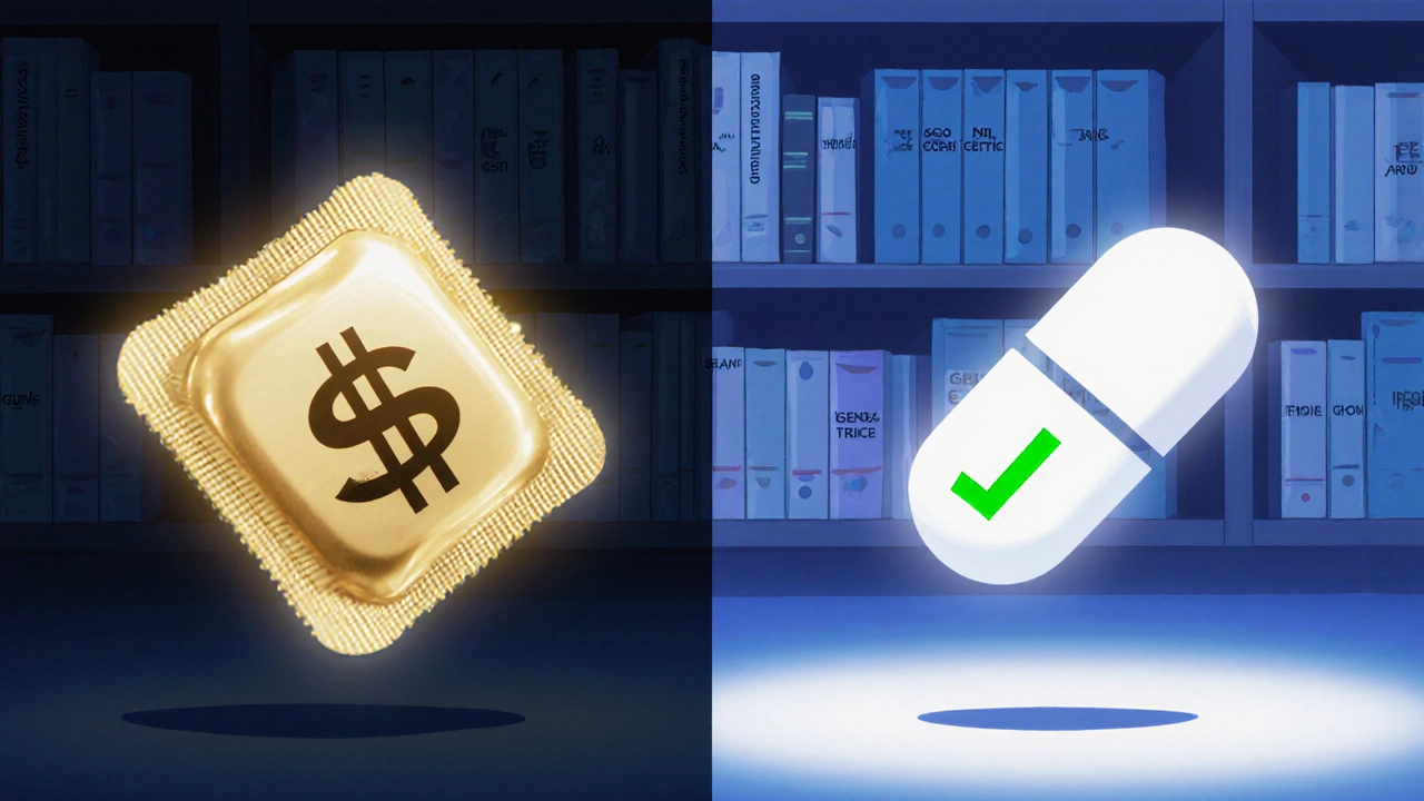 Split-screen comparison of expensive brand-name pill versus affordable generic pill in medical library.