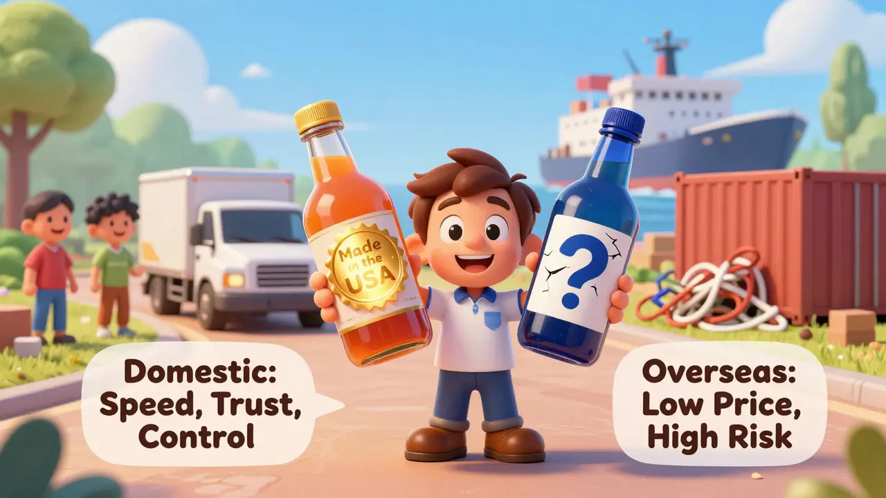 A brand owner holding two bottles—one domestic, one overseas—standing between two paths representing trust and risk, with customers and shipping chaos on either side.