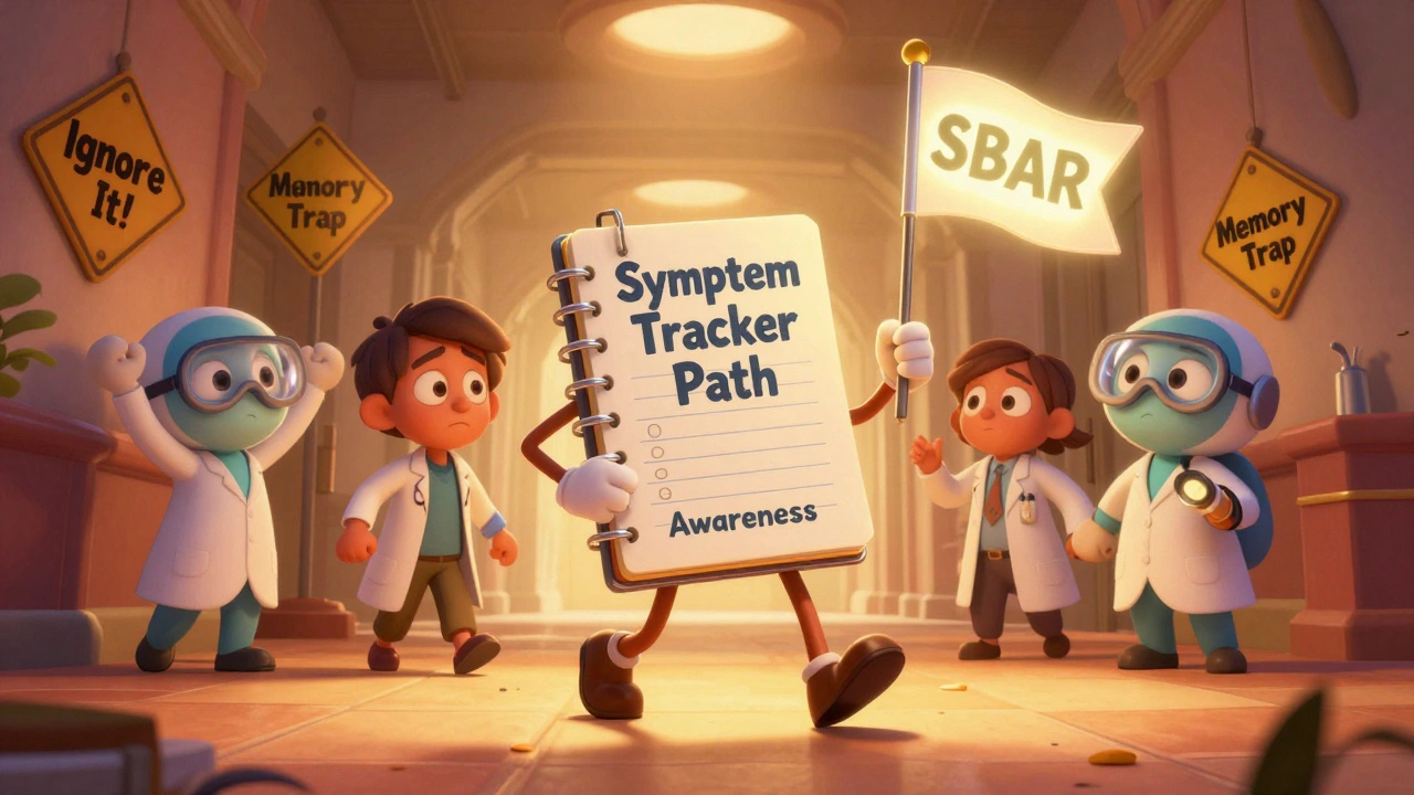 A brave notebook hero marching past warning signs, holding a SBAR flag, as supportive cartoon helpers cheer.