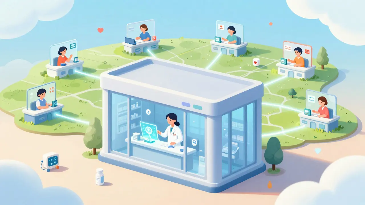 A city pharmacist oversees multiple rural clinics via holographic screens, connected by glowing digital lines across a map.