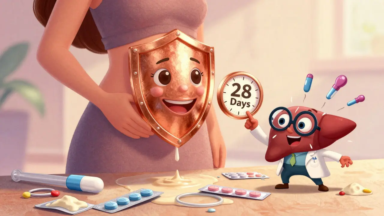 A copper IUD superhero shield protects a woman while hormonal birth control methods melt away in Disney animation style.