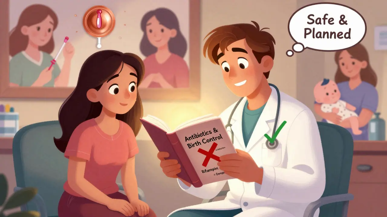 A doctor and patient discuss birth control safety with a mural showing safe options in a cozy clinic, Disney-style.