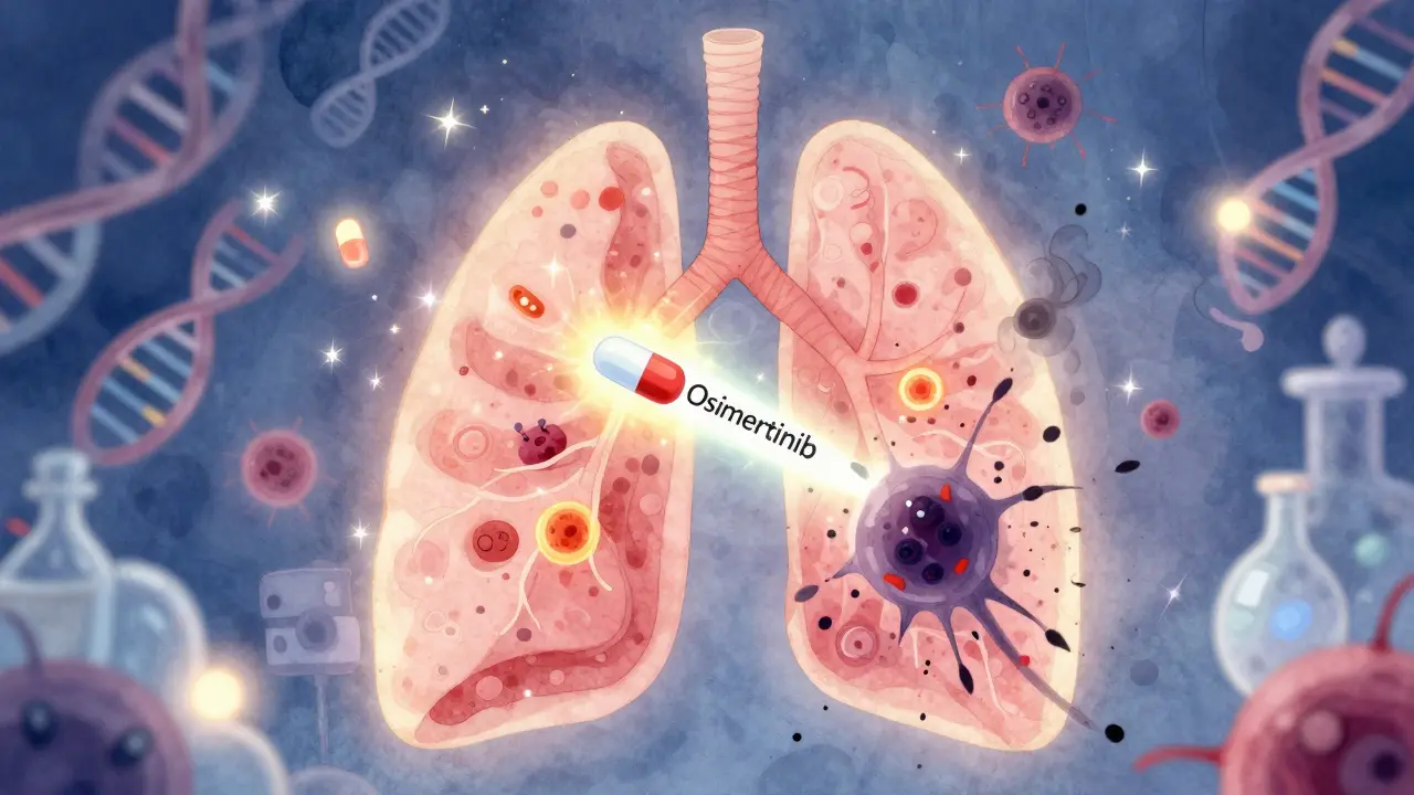 A glowing lung with a targeted pill of osimertinib neutralizing a tumor, while healthy tissue sparkles and cancer shadows fade away.