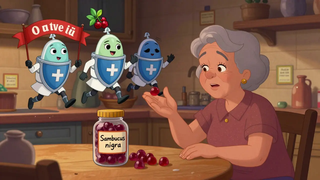 A grandmother reaching for elderberry gummies while cartoon immune soldiers battle tired medical guardians above.
