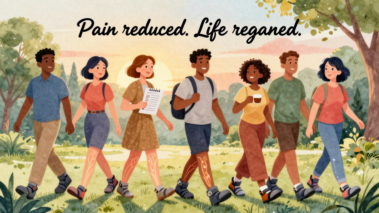 A group of diverse patients walking happily in a park, wearing diabetic shoes, with fading pain pathways and uplifting sunset lighting.