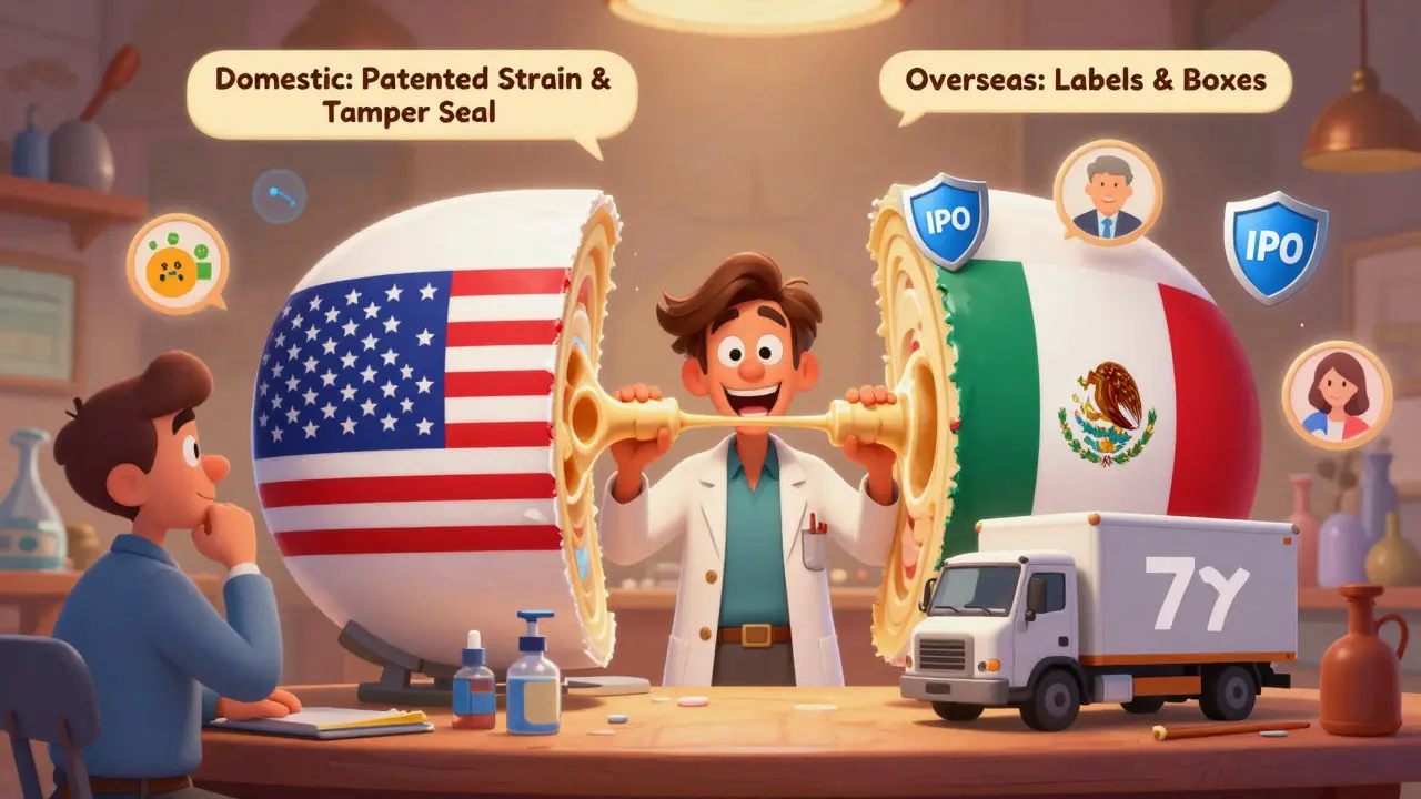 A hybrid manufacturing scene with a product split between domestic quality control and overseas packaging, featuring U.S. and Mexican flags, fast trucks, and glowing IP shields.