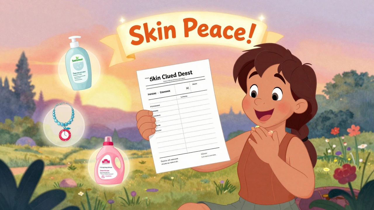 A joyful patient holding a test result surrounded by safe, hypoallergenic products in a peaceful outdoor setting.