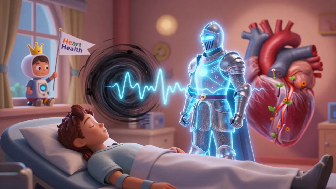 A knight-like ICD defends a sleeping patient from a dark tachycardia vortex, while a pacemaker child watches, and healing plants grow from ablation scars.