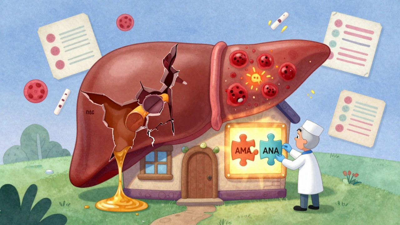 A liver house with bile duct damage and inflamed cells being fixed by a scientist.