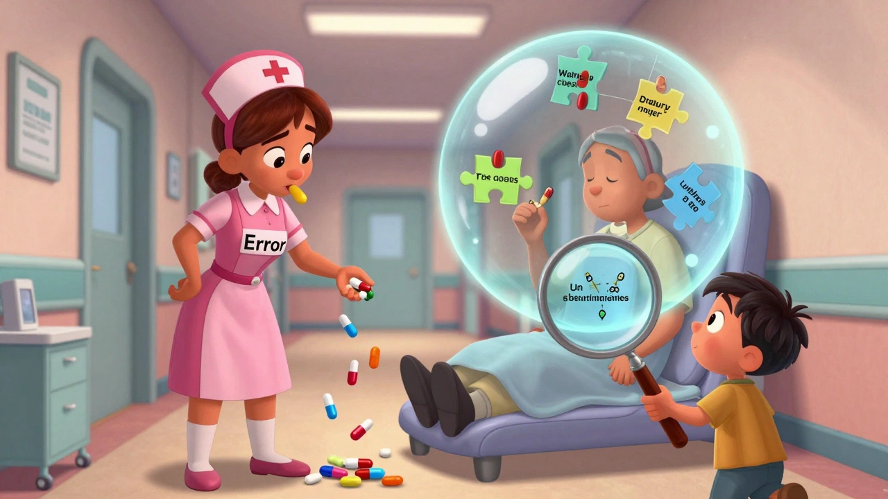 A nurse drops pills (error) next to a patient experiencing a side effect (reaction), with hidden health factors visible.