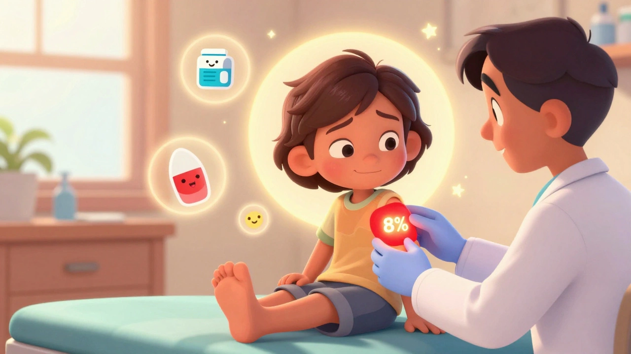 A patient receiving a capsaicin patch application from a healthcare provider, with glowing relief symbols around the foot.