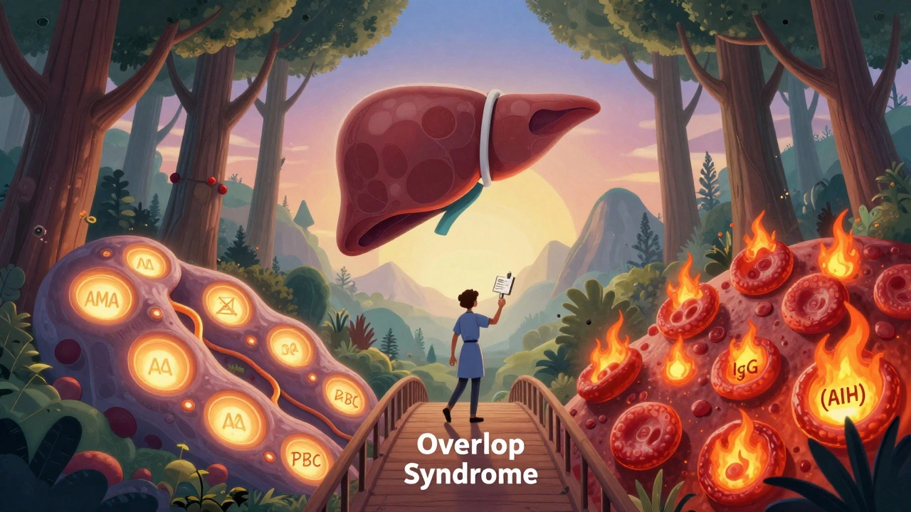 A patient walking on a bridge connecting PBC and AIH paths in a liver forest.