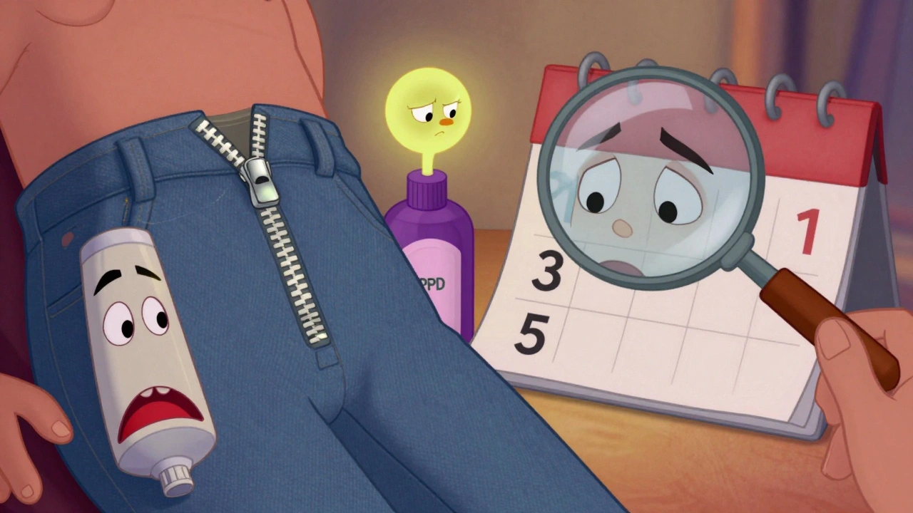 A person avoiding common allergens like nickel zippers and formaldehyde in shampoo, with days marked on a calendar.