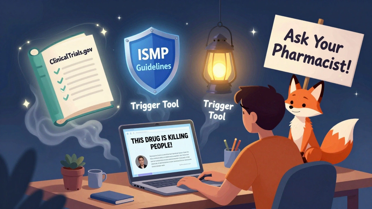 A person faces a viral social media alarm, while trusted medical tools and a friendly fox guide them to reliable sources.