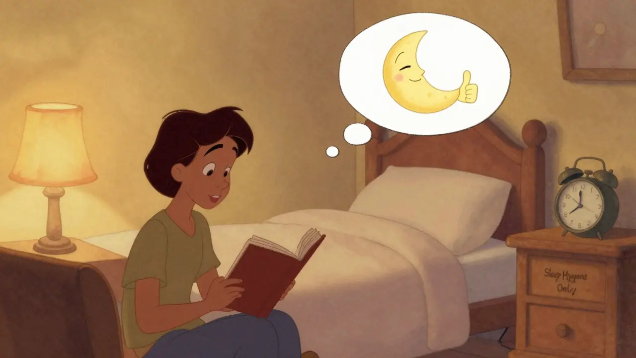 A person reading calmly in a living room, with a peaceful moon thought bubble, contrasting a broken alarm clock on the nightstand.