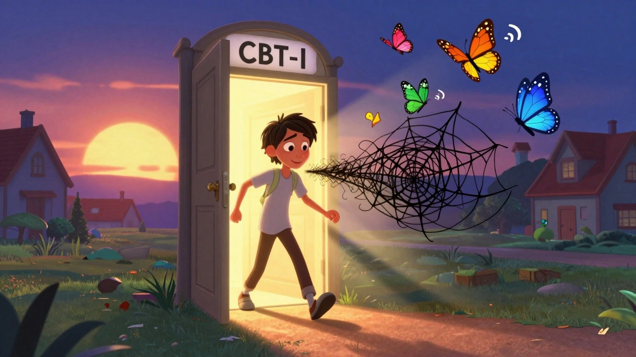 A person steps out of a glowing CBT-I portal as worry webs dissolve behind them, surrounded by calming sleep-themed butterflies.