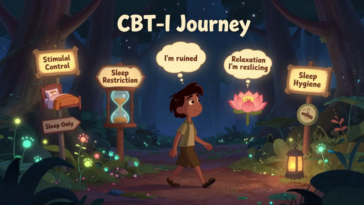 A person walking through a magical forest with five glowing signposts representing the five pillars of CBT-I therapy.