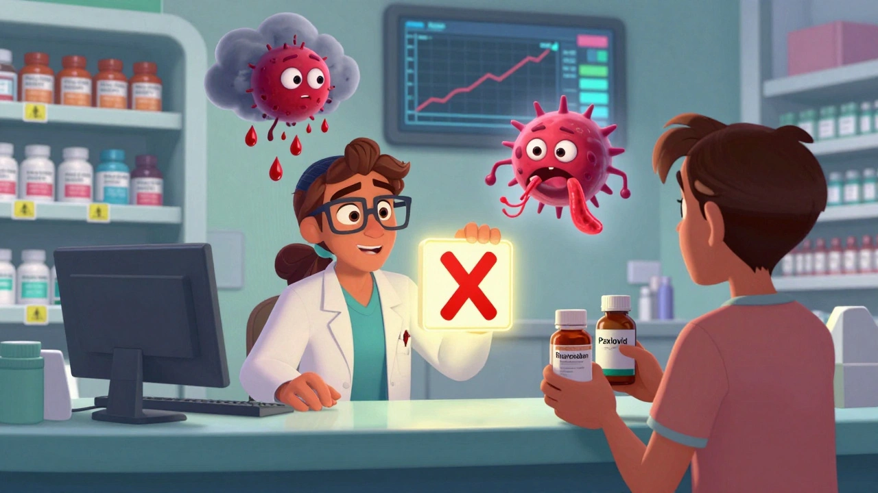 A pharmacist warns a patient about dangerous interactions between Paxlovid and anticoagulants in cartoon style.