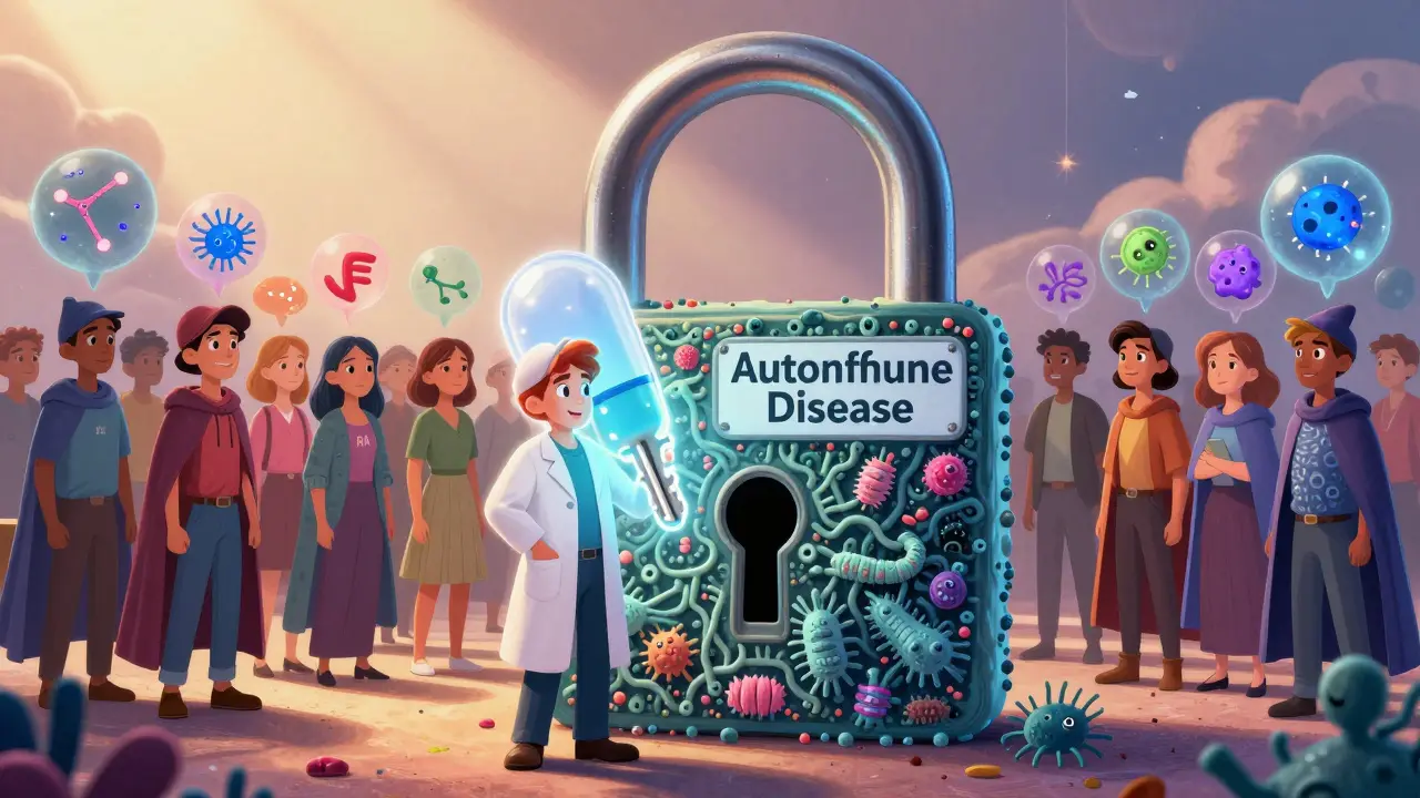A scientist offers a personalized probiotic key to unlock an autoimmune disease lock, with microbial constellations above patients.