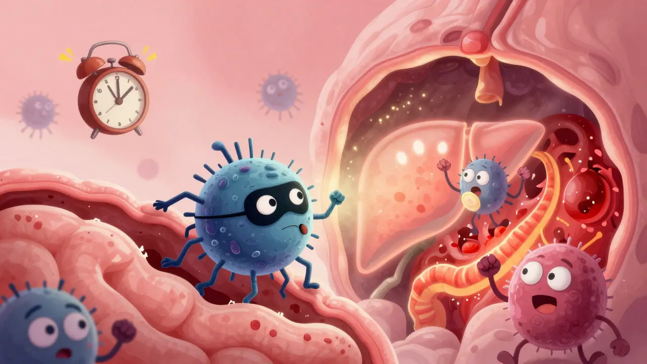 A sneaky bacterium escaping the gut and waking up alarmed immune cells in the liver and spleen.